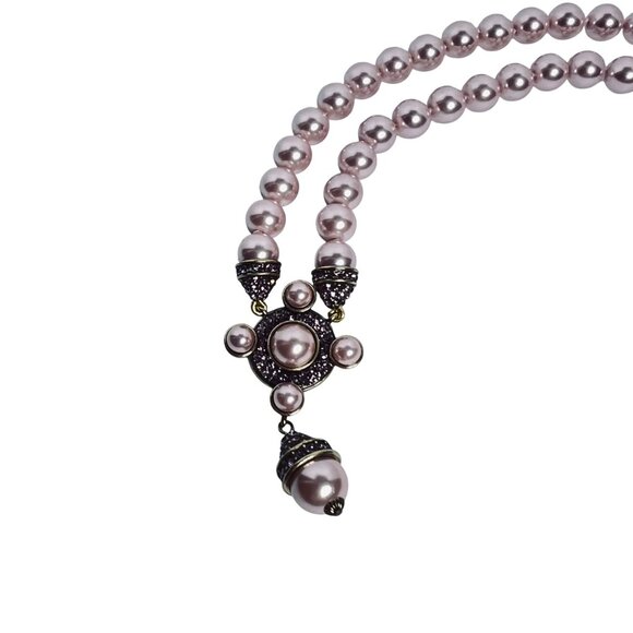 Heidi Daus Brass Tone Faux Pink Pearl And Crystal Choker Necklace (6010) - Picture 7 of 9